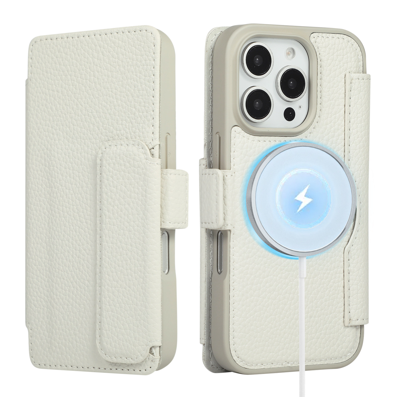 Light gray — Lychee Leather Magnetic Charging Flip Card Holder Stand Phone Case