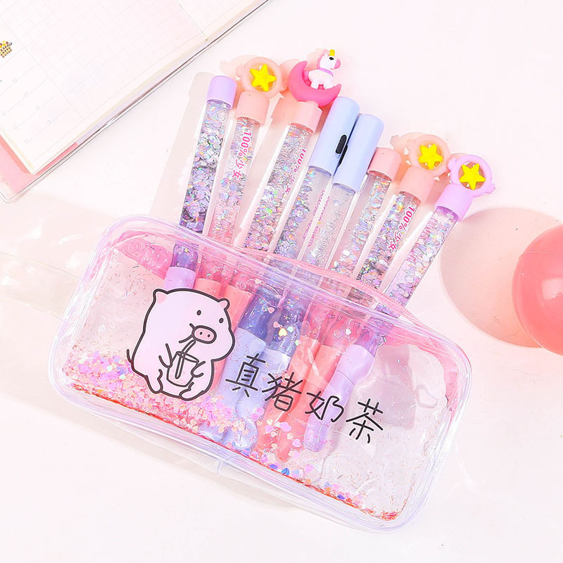 Han Edition Teenage Girl Hearts Into Oil Flow Sand PVC Transparent Pen Bag Cartoon Cute Large Capacity Student Containing Bag Makeup Bag