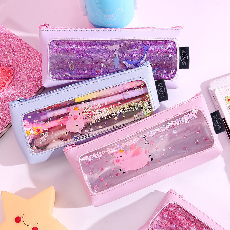 Stream Sand Pen Bag Transparent Cortex Brief small frescoed student large capacity Creative open window pencil case