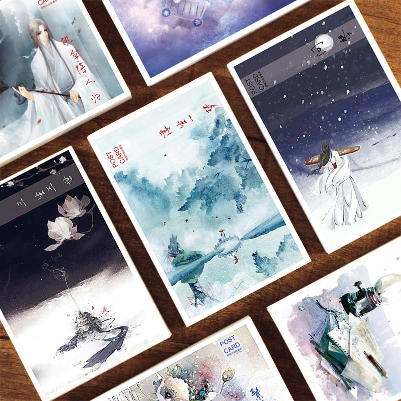 Xiaoqing New Meritocratic Retro Hand-painted China Wind Gufeng Art Postcard Scenery Creative Card Gift Box Dress