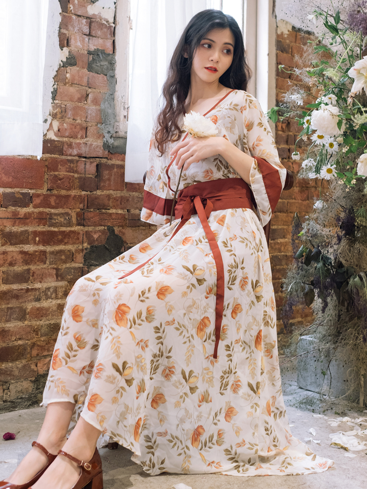 VK旗艦店 韓系復古寬鬆收腰顯瘦碎花套裝長袖裙裝