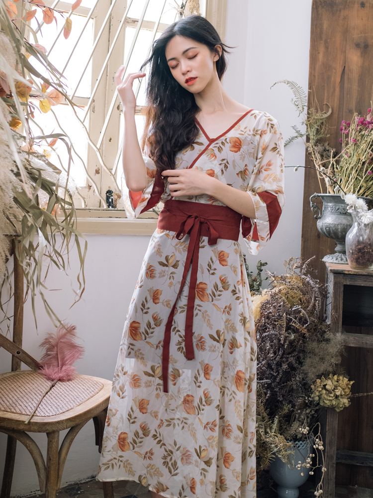 VK旗艦店 韓系復古寬鬆收腰顯瘦碎花套裝長袖裙裝