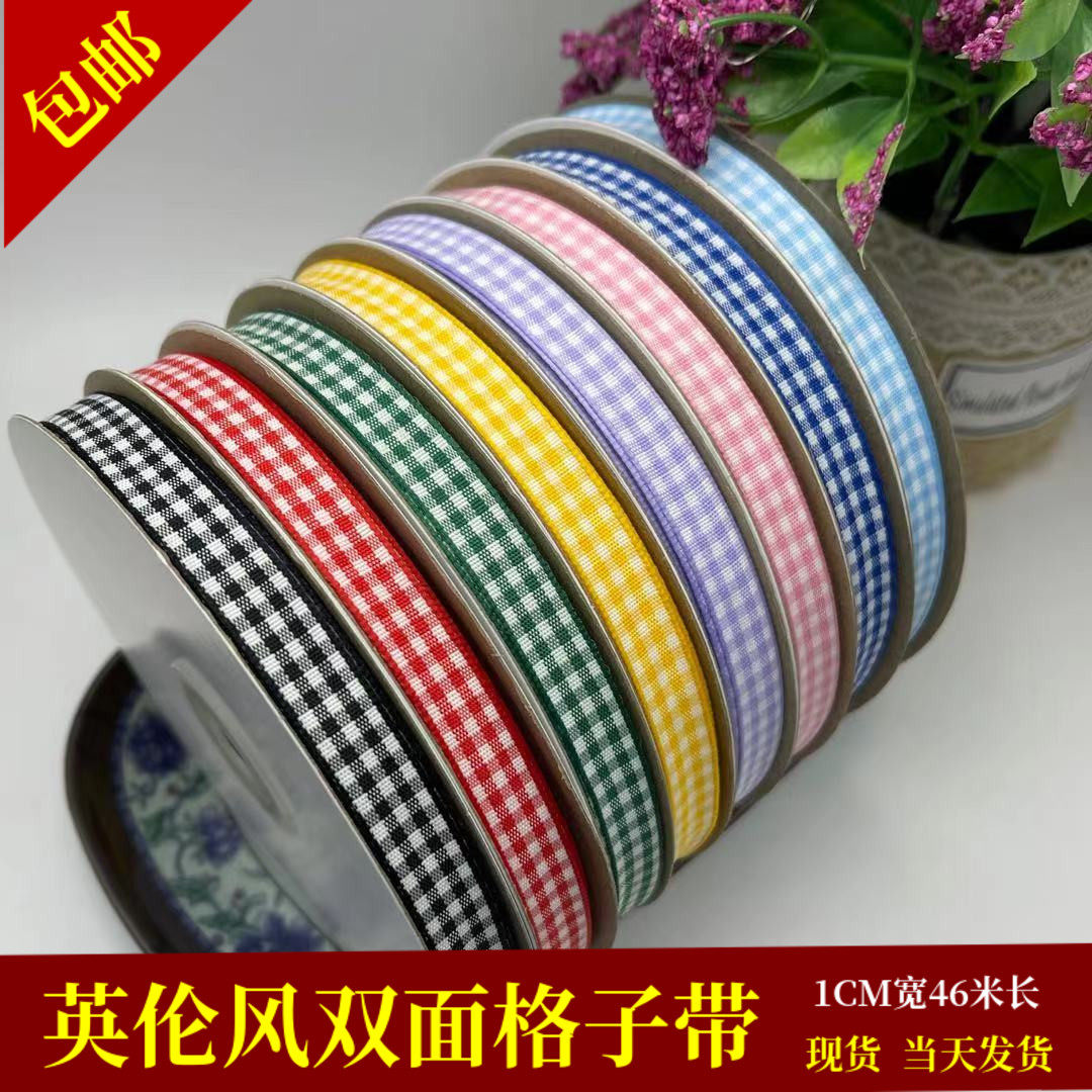 1cm plaid with flowers ribbon with handmade DIY baking gift box packaging bifacial color with clothing accessories for 45 m long