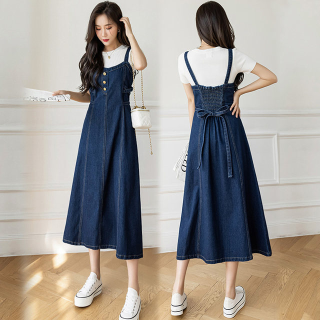 2023 mid-length skirt new plus size all-match loose waist suspenders long skirt denim suspenders a-line dress trendy