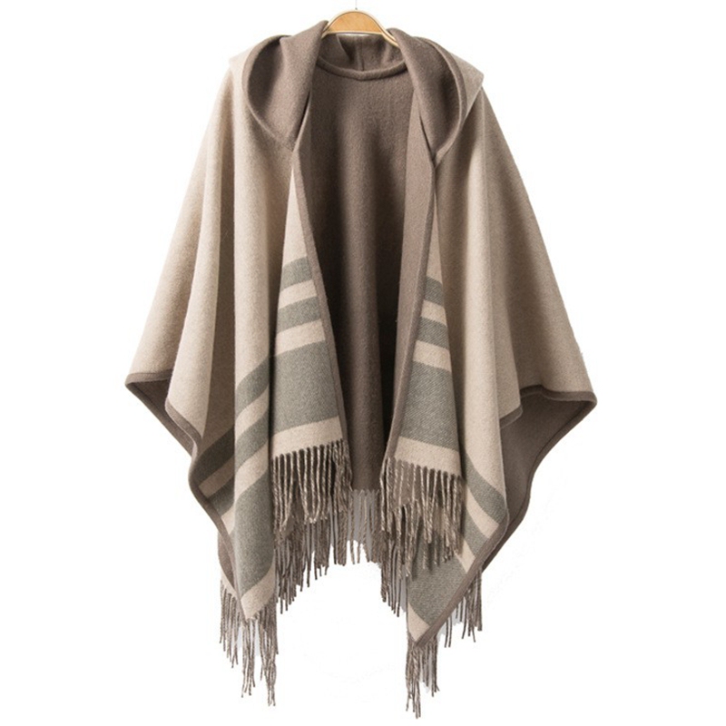 Pure Wool Cape, Reversible, Large Size, with Hood, for Men and Women, Autumn and Winter, Warm and Cold-Resistant, Long Tassel Shawl Outerwear