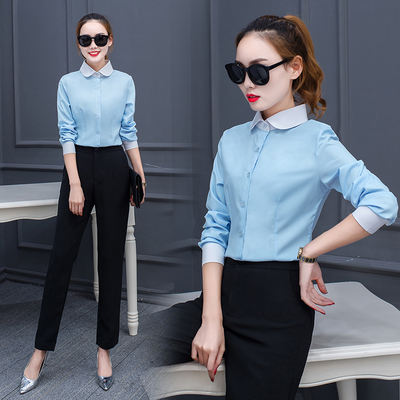 Spring 2026 new Korean-style slimming and versatile student color-blocked shirt for women, long-sleeved round-neck blue base shirt for ladies