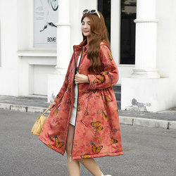 Mulberry silk ກິ່ນຫອມ cloud yarn printed cotton jacket, retro loose large size, removable hooded cored long coat