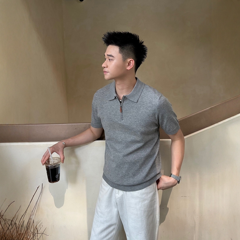 Mature Men's Collared Knit Short-Sleeve Polo Shirt, Summer Casual High-End Solid Color Minimalist Zipper Sweater, Trendy Men's Fashion