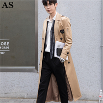 Spring and autumn new ruffian handsome windbreaker mens fashion brand design sense super long handsome over the knee to the calf thickened large size jacket