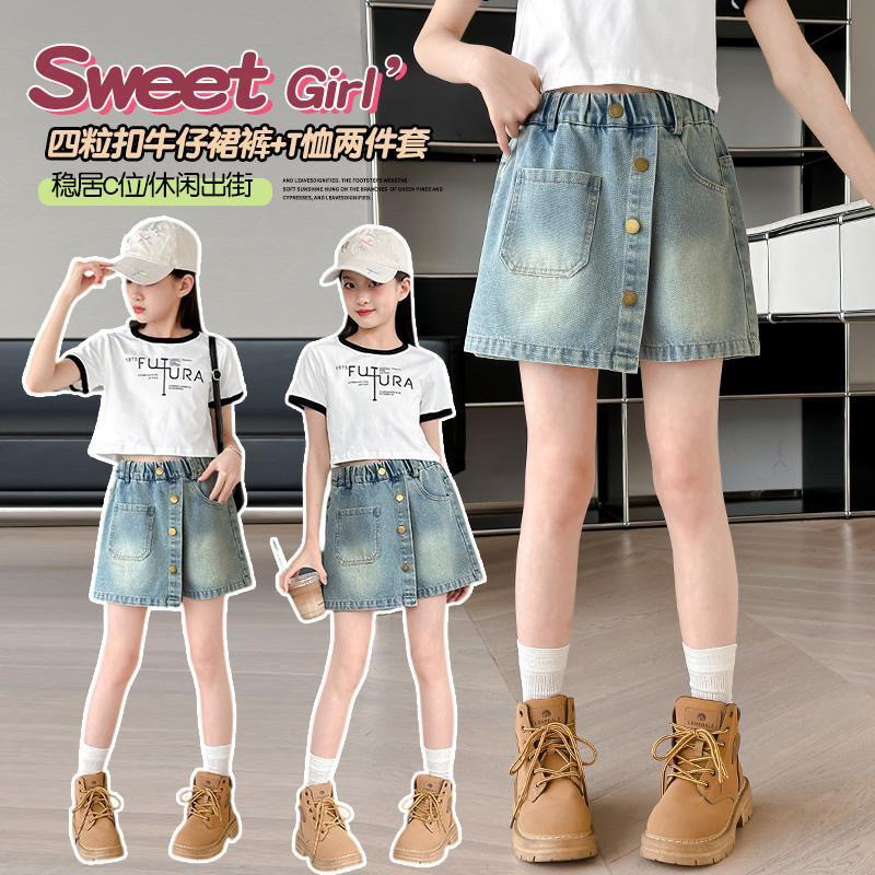 女の子用デニムスカートとパンツ、2025年新作サマースタイル、ファッショナブルで着回しがきく、あらゆる年齢の子供に適した薄手のサマーショーツ。