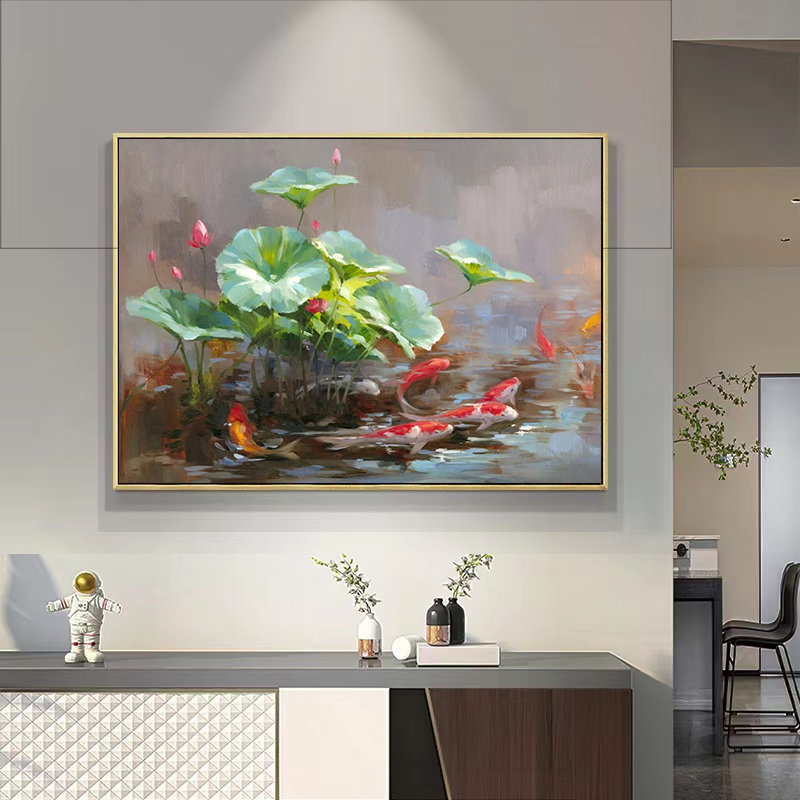 Pure Hand Painted Nine Fish Tuxuan Guan Ho Flowers Oil Painting New Chinese Living Room Bedroom Brocade Carp Decoration Painting Background Wall Hanging Painting-Taobao