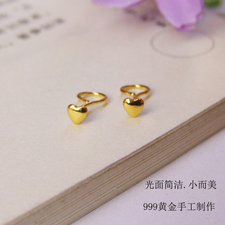 999 pure gold women's small loving ear pin mini 100 hitch heart foot gold-raised earbum with no allergy