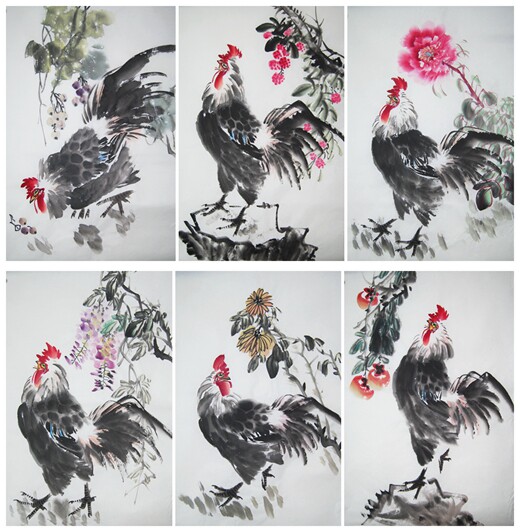 Special price Pure hand-painted four-foot three-open freehand Chinese painting Rooster flower and bird painting Heart Study Tea house decorative calligraphy and painting authentic