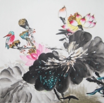 Special price pure hand painted with four feet of square water ink country painting flowers and birds lotus living room decoration character painting Feng Shui Chinese painting heart 25