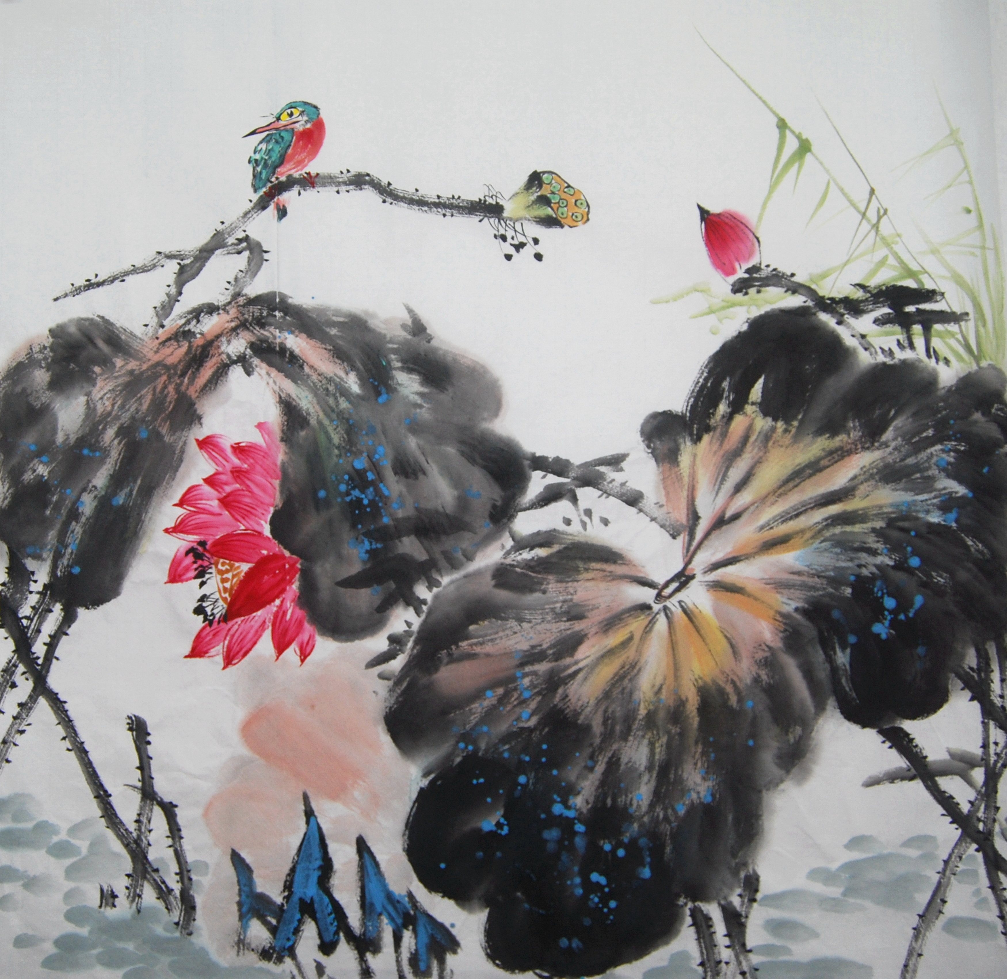 Special offer pure hand-painted four-foot bucket square ink Chinese painting flower and bird lotus living room decoration calligraphy and painting feng shui style painting heart 22