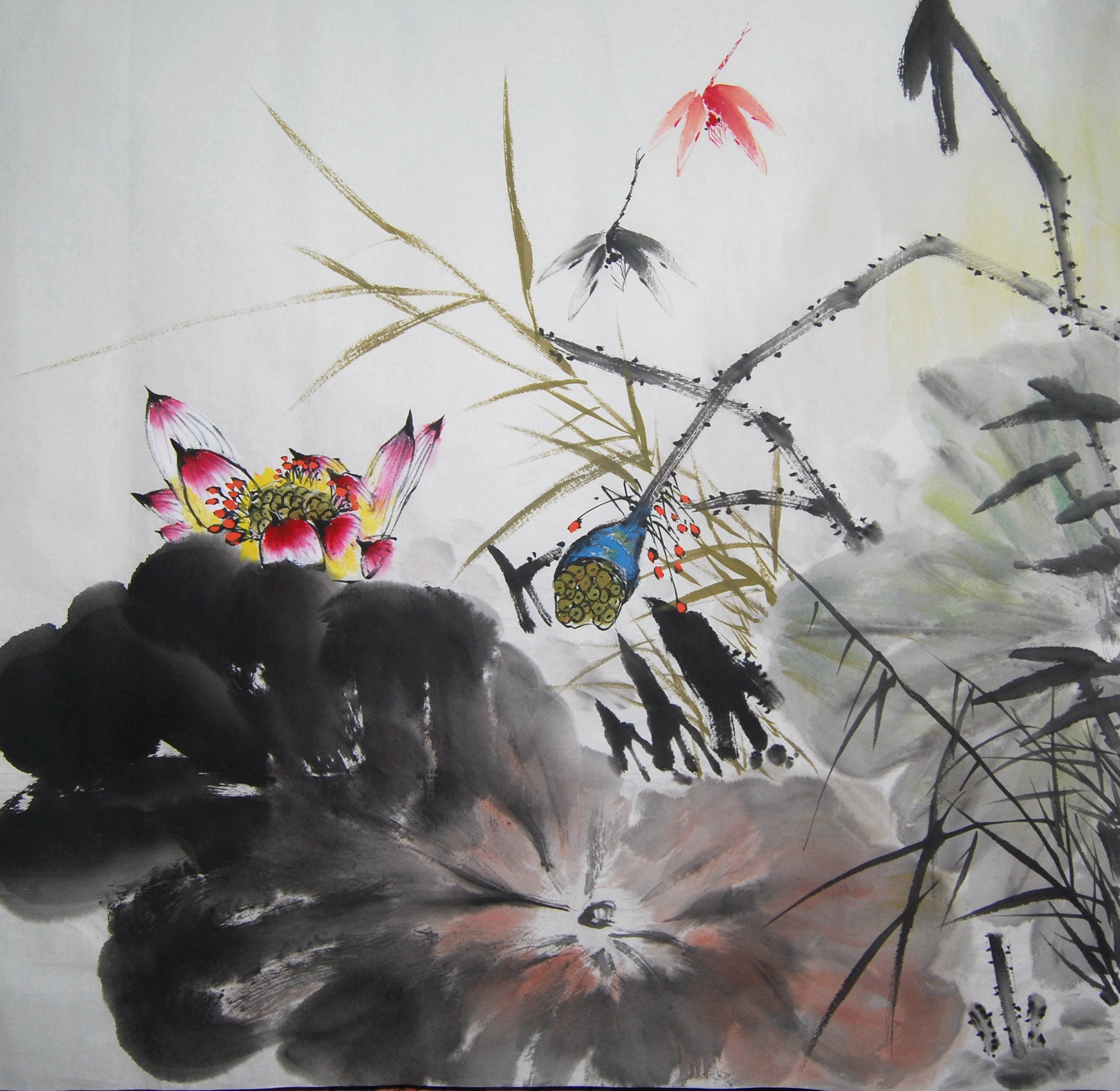 Special price pure hand painted with four feet of square water ink country painting flowers and birds lotus living room decoration character painting Feng Shui Chinese painting heart 12