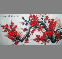 Promotional pure hand-painted four-foot red plum blossom traditional Chinese painting spring banner flower and bird painting living room decoration calligraphy and painting on the plum tip