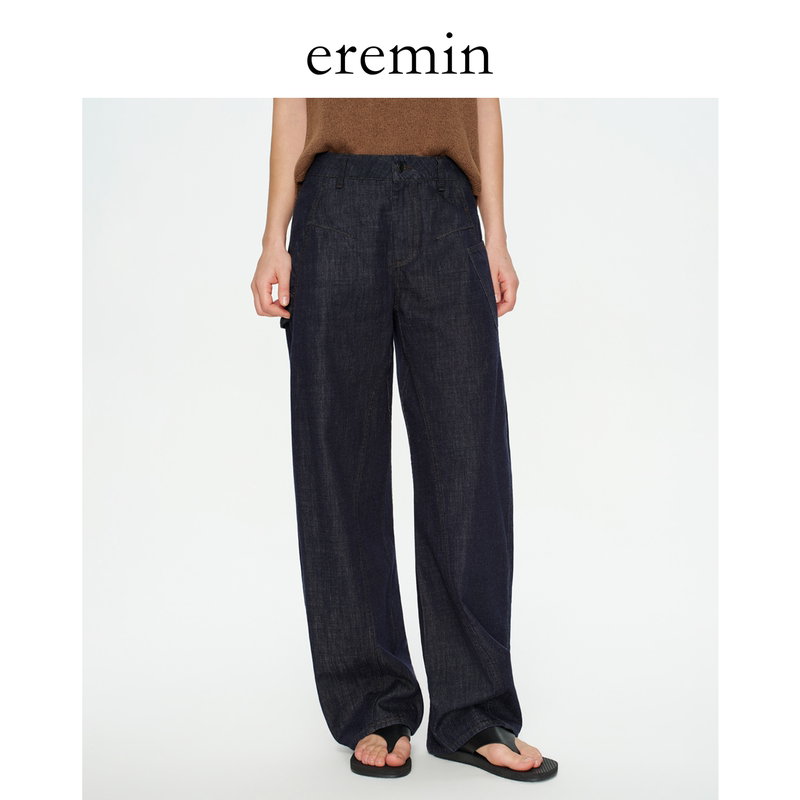 Eremin Lin Moqing/Blue-Dyed Jeans/Dark-Colored Women's Casual Loose Scimitar Wide-Leg Jeans
