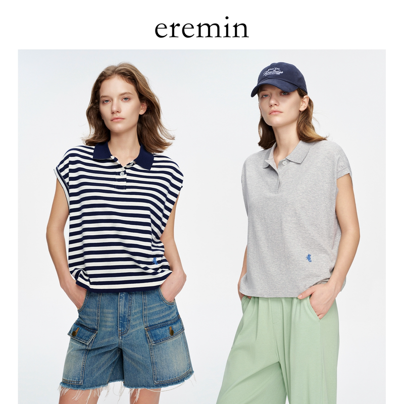 Eremin Lin Moqing/Flared Sleeve Polo Shirt/High Twist Cotton Japanese Style Loose Age-Reducing Casual Drop Shoulder Sleeveless Top