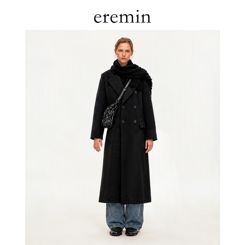 Eremin Lin Moqing/Double-Breasted Coat/26 New Product Cashmere + Sheep Wool Wide-Shoulder Long Woolen Coat