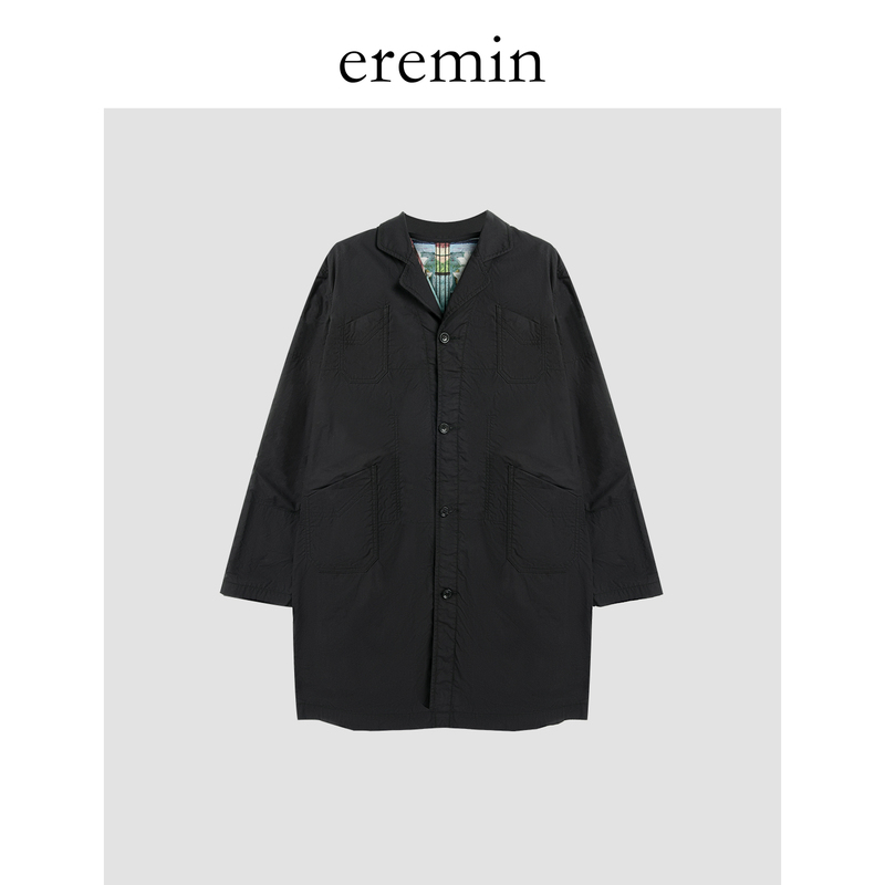Eremin Lin Moqing/Oil Painting Style Trench Coat/Distressed Wrinkled Texture Painted Print Mid-Length Coat