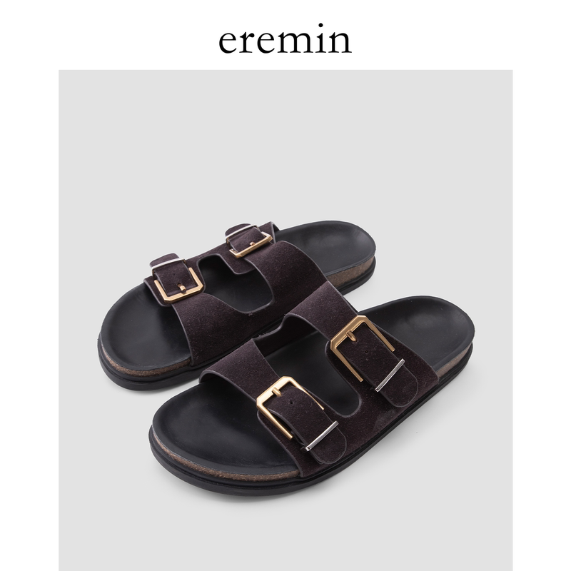 Eremin Lin Moqing/Reverse Suede Leather Double Strap Metal Buckle Thick Sole Versatile Comfortable Genuine Leather Outdoor Slippers