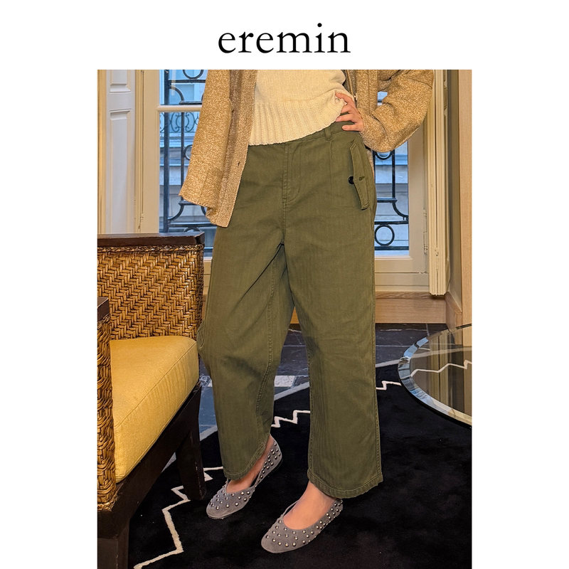 Eremin Lin Moqing/Patterned Work Pants/26 Autumn New All-Cotton Distressed Pocket Slimming Straight-Leg Cropped Casual Pants Eremin Lin Moqing/Patterned Work Pants/26 Autumn New All-Cotton Distressed Pocket Slimming Straight-Leg Cropped Casual Pants