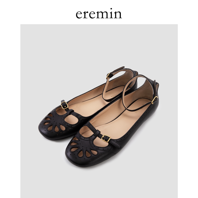 Eremin Lin Moqing/Sheepskin Hollow Carved Ballet Shoes with Buckle Strap Shallow Flat Shoes