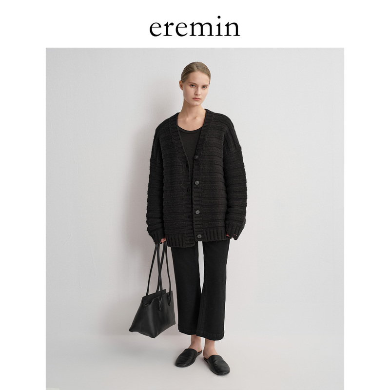 Eremin Lin Moqing/Striped Sweater/26 Autumn New Product Three-Dimensional Knitting Lazy Style V-Neck Knitted Cardigan Jacket Eremin Lin Moqing/Striped Sweater/26 Autumn New Product Three-Dimensional Knitting Lazy Style V-Neck Knitted Cardigan Jacket