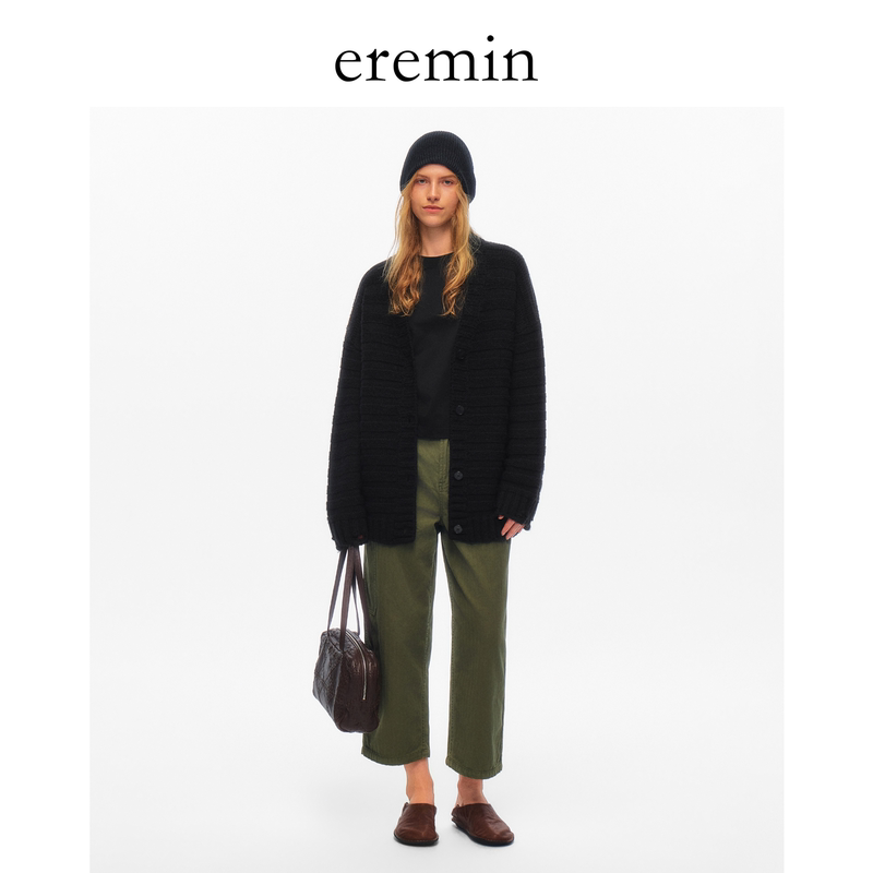 Eremin Lin Moqing/Striped Sweater/26 Autumn New Product Three-Dimensional Knitting Lazy Style V-Neck Knitted Cardigan Jacket Eremin Lin Moqing/Striped Sweater/26 Autumn New Product Three-Dimensional Knitting Lazy Style V-Neck Knitted Cardigan Jacket