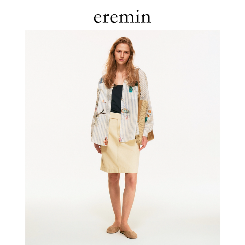 Eremin Lin Moqing/Ocean Shirt/26 Autumn New All-Cotton Hand-Painted Print Niche Relaxed Turn-Down Collar Long-Sleeve Shirt