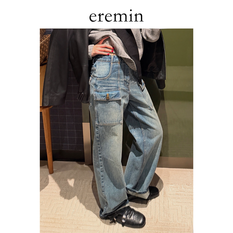 Eremin Lin Moqing/Pocket Jeans/26 Autumn New Collection Washed Blue Patch Pocket Vintage Workwear Straight Leg Pants Eremin Lin Moqing/Pocket Jeans/26 Autumn New Collection Washed Blue Patch Pocket Vintage Workwear Straight Leg Pants