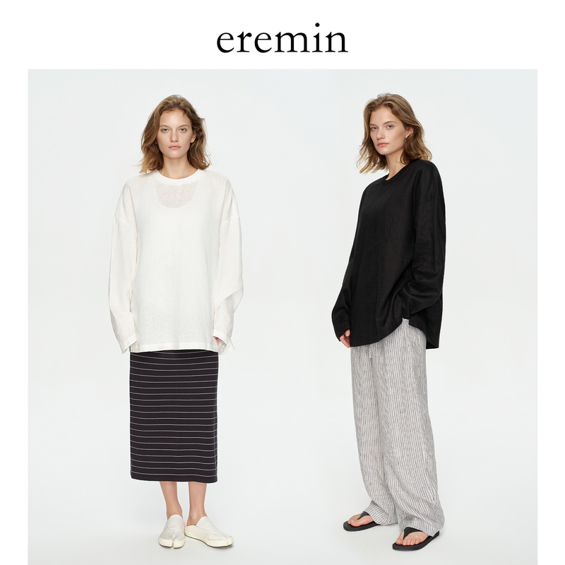 Eremin Lin Moqing/Loose Fit Linen T-Shirt/Linen Old Money Style Simple Versatile Round Neck Long Sleeve T-Shirt