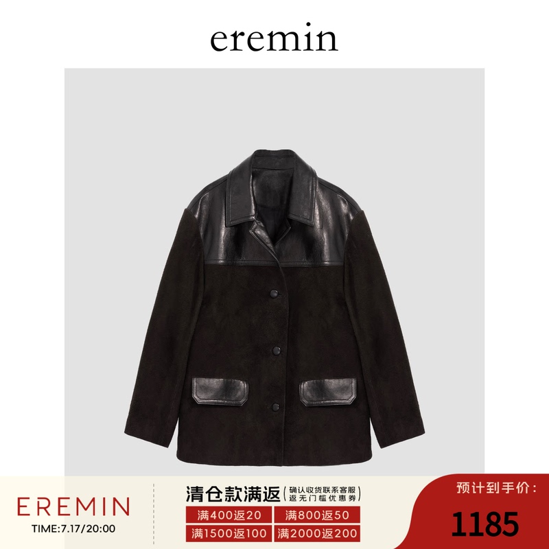Eremin Lin Moqing/Color-Blocked Leather Jacket/English Sheepskin Vintage Distressed Lapel Leather Jacket