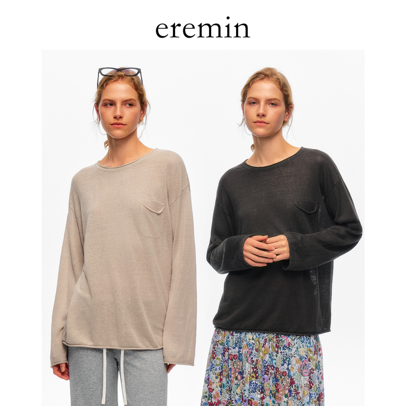Eremin Lin Moqing/Full Linen Yarn Knitted Lazy Style Pocket Rolled Hem Long-Sleeve Blouse T-Shirt