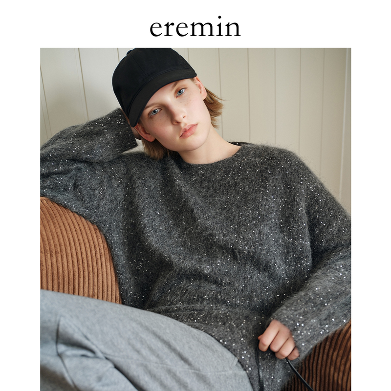 Eremin Lin Moqing/Sequin Sweater/Mohair+Sheep Wool Atmospheric Oversized Round Neck Sweater