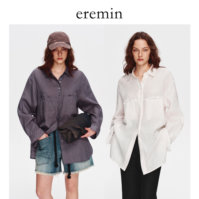 Eremin Lin Moqing/Button Silhouette Shirt/Color-Woven Linen Retro Casual Loose Long-Sleeved Lapel Shirt