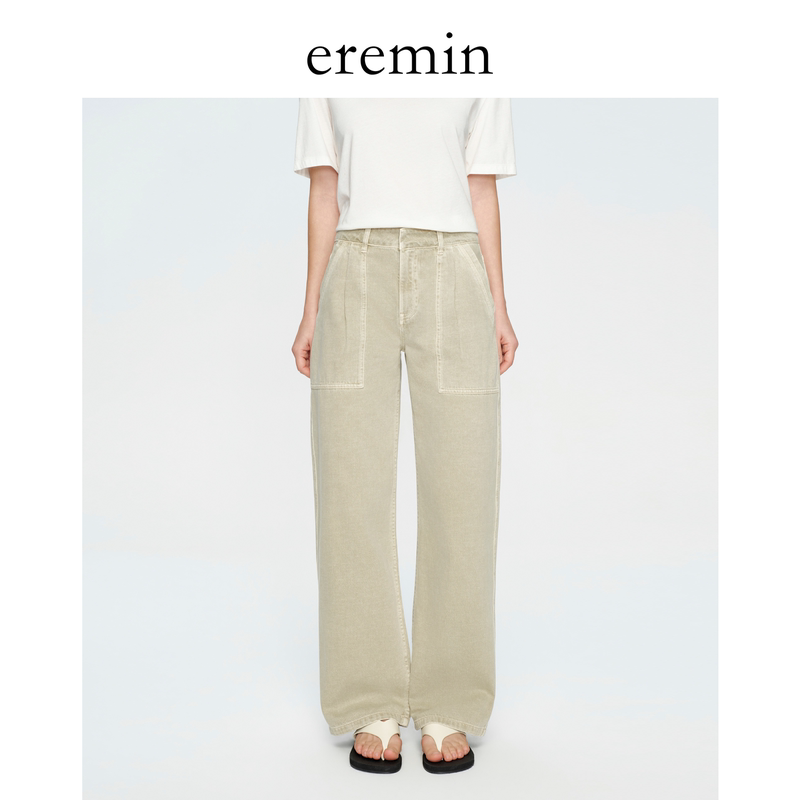 Eremin Lin Moqing/Sea Salt Denim/Vintage Washed Workwear Style Versatile Straight-Leg Jeans