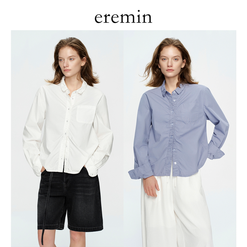 Eremin Lin Moqing/Pleated Shirt/High-Thread-Count Cotton Three-Dimensional Deconstructed French Lapel Long-Sleeve Shirt