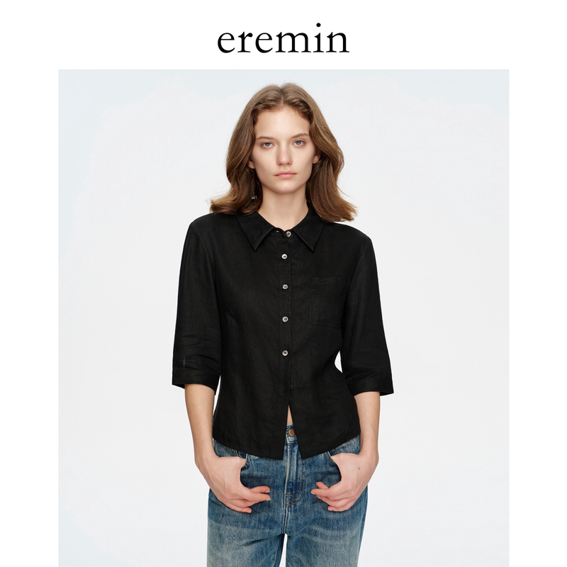 Eremin Lin Moqing/Waist-Cinching Shirt/Linen Commuter Slim-Fit Lapel Regular Shoulder Three-Quarter Sleeve Shirt