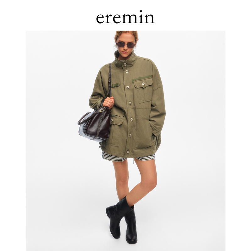 Eremin Lin Moqing/Bean Green Parka/Washed Cotton Workwear Multi-Pocket Oversized Stand Collar Jacket