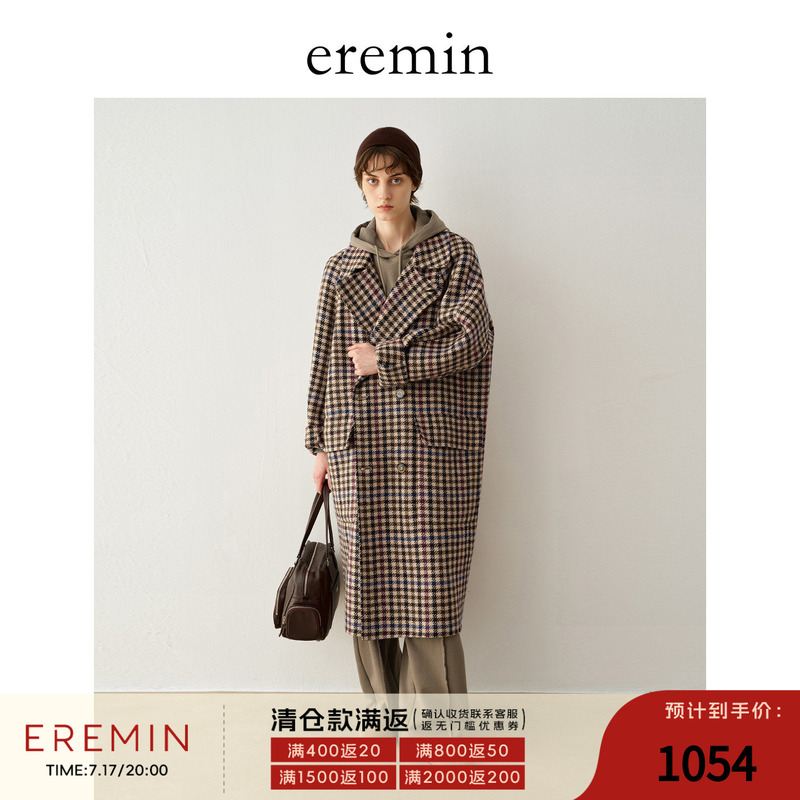 Eremin Lin Moqing/Plaid Coat/Wool Yarn Vintage Houndstooth Floral Woolen Coat