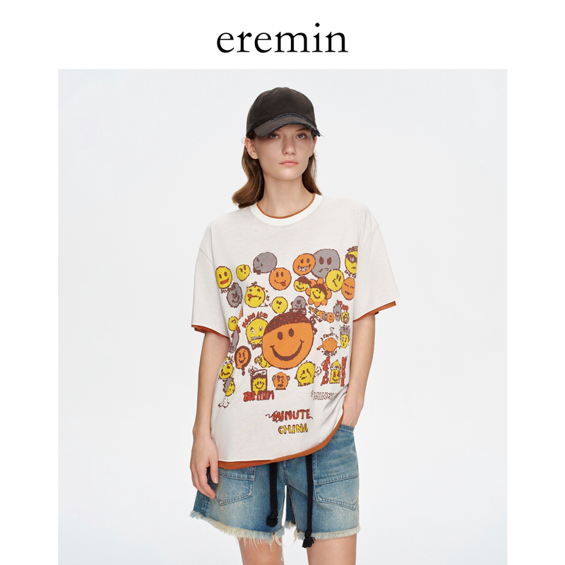 Eremin Lin Moqing/Cartoon Smiley Face T/Two-Tone Patchwork Emoji Print Loose Casual Short-Sleeve Crew Neck T-Shirt