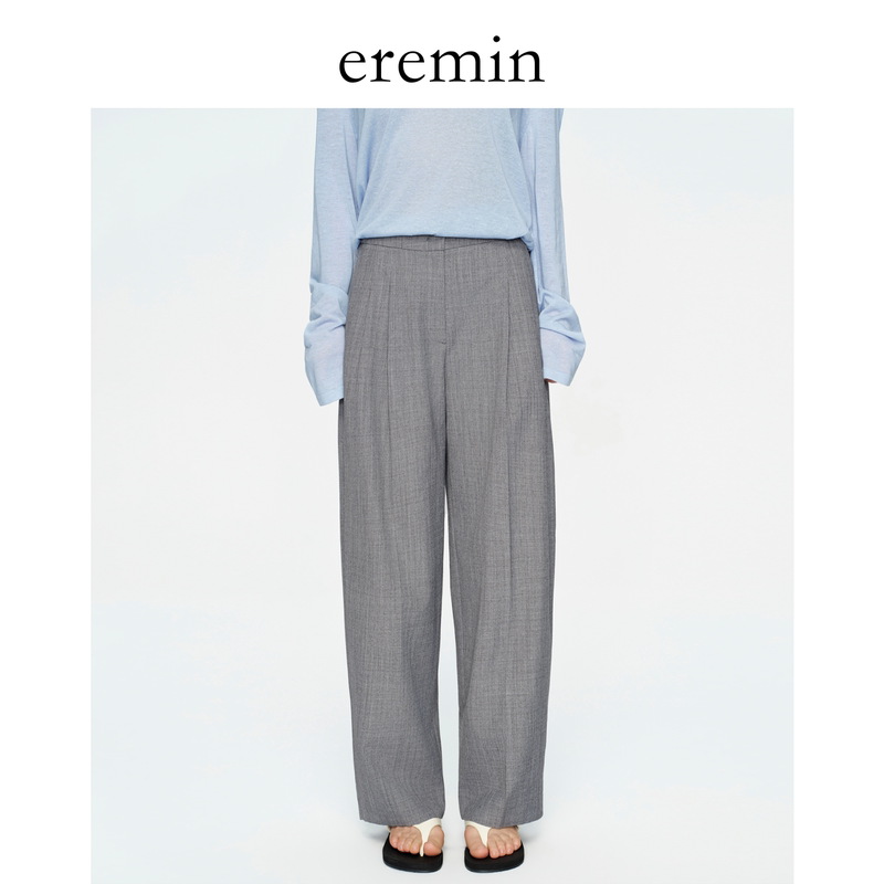 Eremin Lin Moqing/Back Buckle Dress Pants/Commuting Simple Solid Color Pleated Casual Straight-Leg Pants for Women