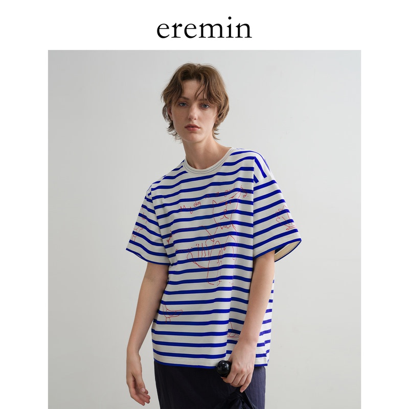 Eremin Lin Moqing/Line Dog/Navy Blue Graffiti Stripe Print Cotton Casual T-Shirt Eremin Lin Moqing/Line Dog/Navy Blue Graffiti Stripe Print Cotton Casual T-Shirt