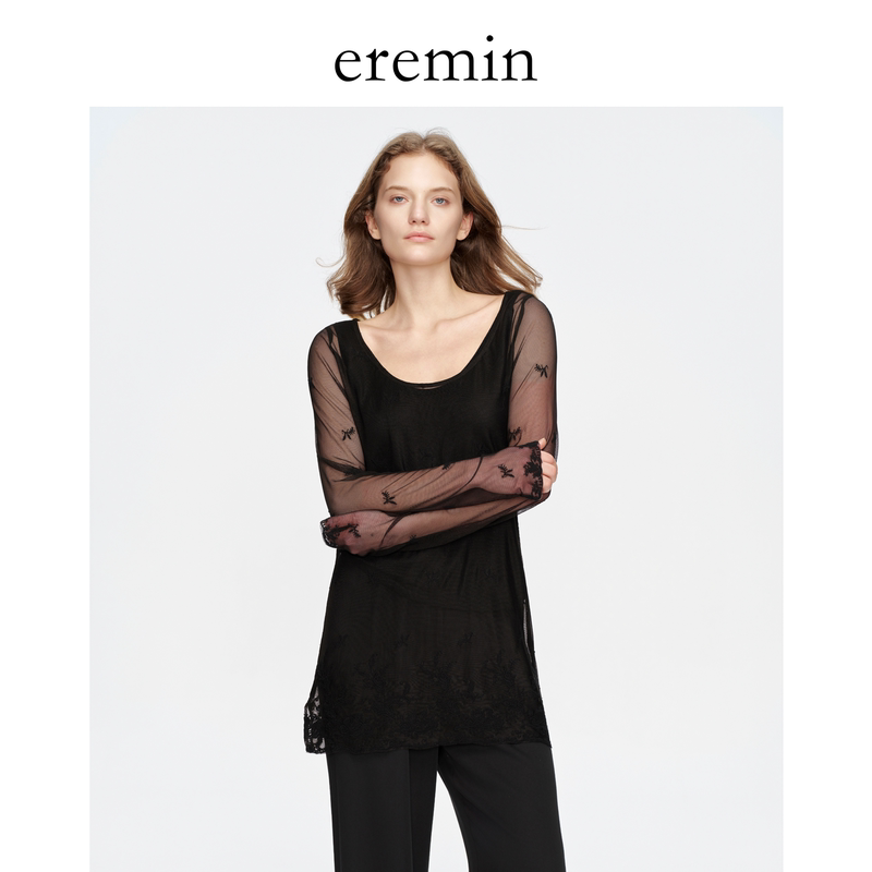 Eremin Lin Moqing/Embroidered Sheer Blouse/Misty and Hazy Lace Embroidery High-End Layered Long-Sleeve Cover-Up