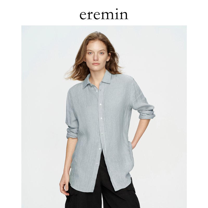 Eremin Lin Moqing/Grey Blue Linen Shirt/Loose Minimalist Casual Long Sleeve Turn-Down Collar Top Eremin Lin Moqing/Grey Blue Linen Shirt/Loose Minimalist Casual Long Sleeve Turn-Down Collar Top