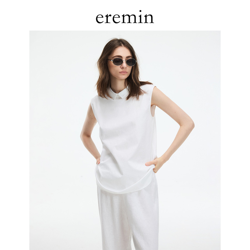Eremin Lin Moqing/Sleeveless Shirt/High-Thread-Count Cotton Simple Commuter Polo Collar Pullover Shirt