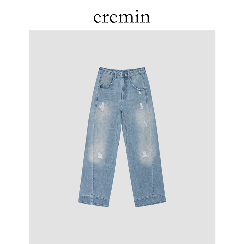 Eremin Lin Moqing/Deconstructed Ripped Jeans/Autumn Washed Cotton Light Blue Faded Back Waist Buckle Denim Pants Eremin Lin Moqing/Deconstructed Ripped Jeans/Autumn Washed Cotton Light Blue Faded Back Waist Buckle Denim Pants