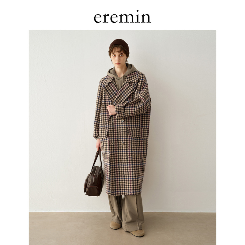 Eremin Lin Moqing/Plaid Coat/Wool Yarn Vintage Houndstooth Floral Woolen Coat